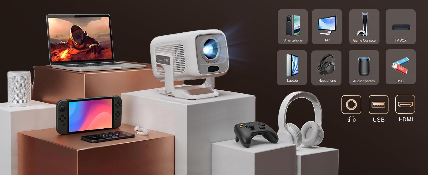 X3AR Smart Projector with WiFi 6 and Bluetooth 5.4, 4K Support 600 ANSI Native 1080P Portable Mini Projector with Android 14 OS Auto Focus & Keystone, 270° Rotatable for Bedroom Home Theater Outdoor Movie White&Gray