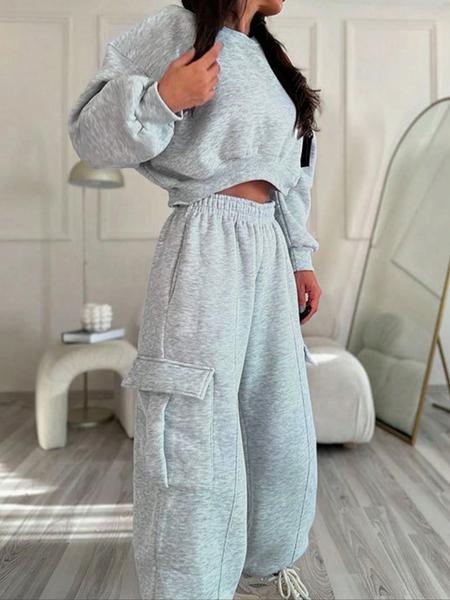 Women's Fashion Casual Two-Piece Set, Chic Round Neck Long Sleeve Sweatshirt & Elastic Waist Pants with Side Pockets, Spring & Fall