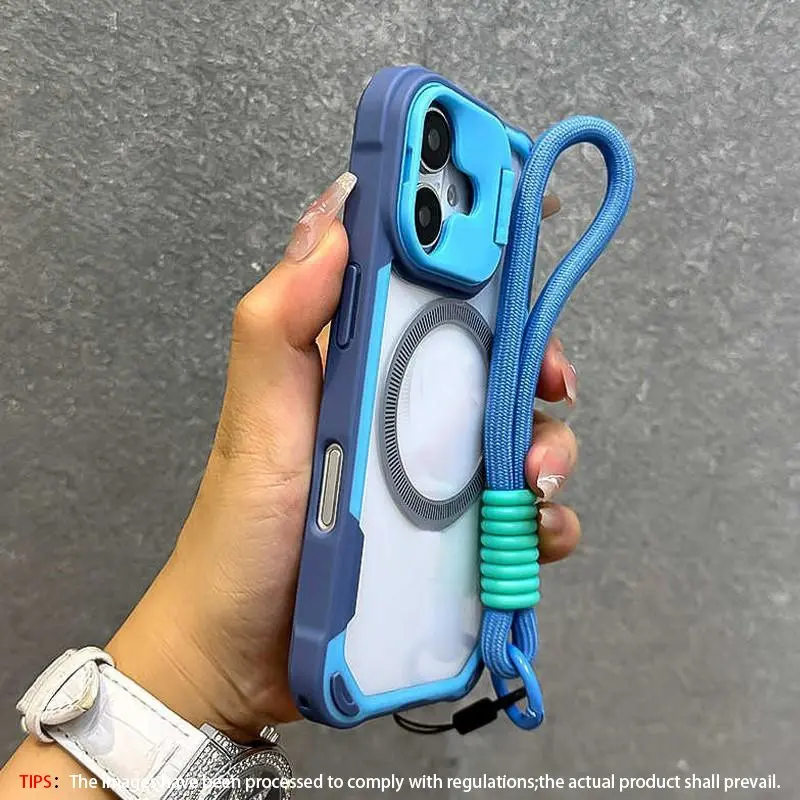 Lens holder with four corner shock-absorbing Shockproof phone case, smartphone cover, Cellphone casing, TPU soft shell, and wrist strap color blocking transparent magnetic MagSafe, suitable for Apple iPhone 17-11Pro Max, supports wireless charging