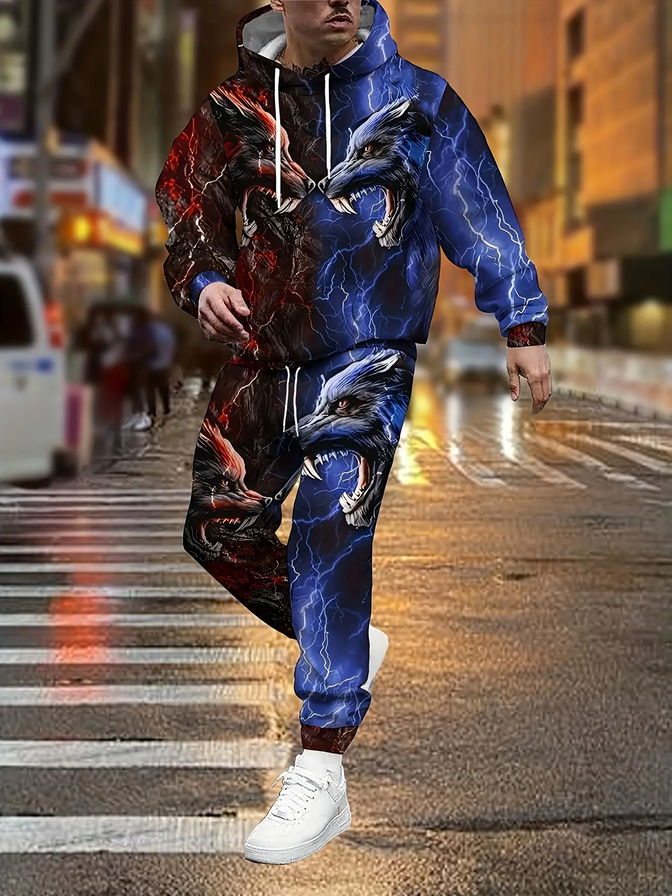 Men's 2pcs Wolf and Lightning Print Hoodie and Jogger Pants Set - Wolf Pc Animal Print Tracksuit, Athletic Sweatsuit, Hooded Sweatshirt, Warm Winter Apparel for the Gym, Casual Wear