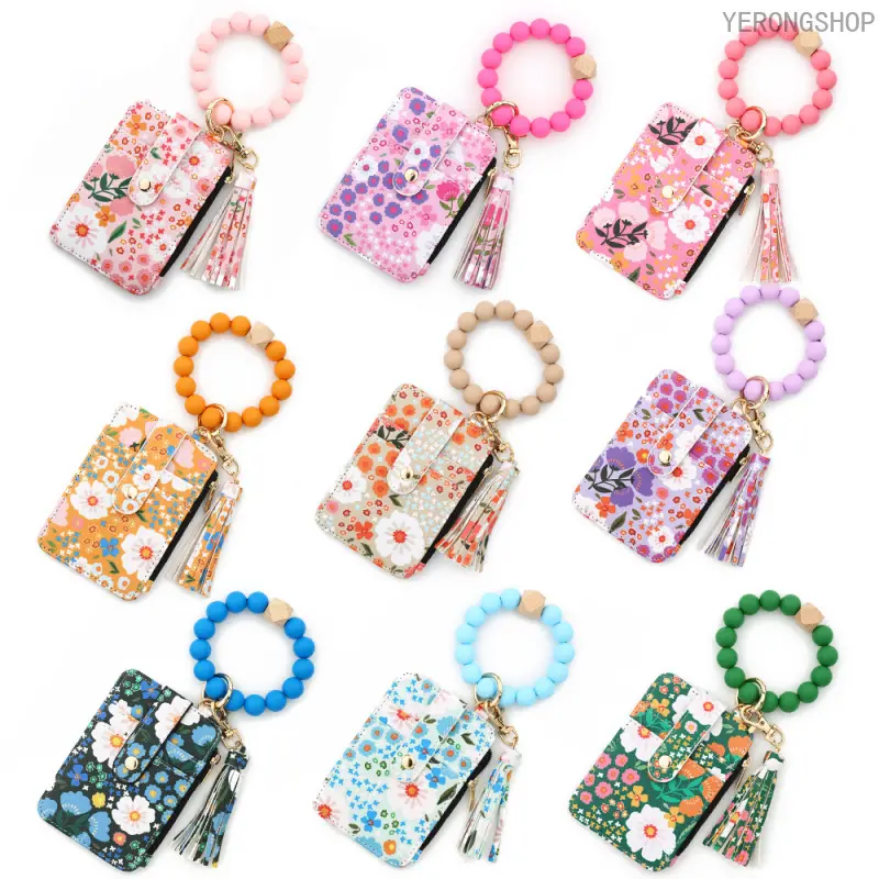 American-European Style Fashion Accessory Set - Floral Print Folded-Edge Compact Wear-Resistant Silicone Beaded Bracelet, ID Card Holder, Printed Leather Wallet & Keychain