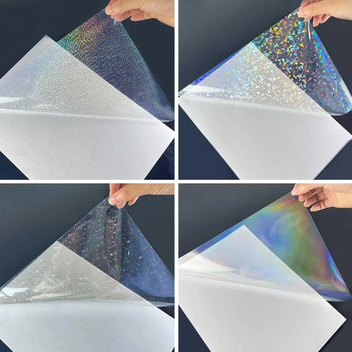 40 Sheets A4 Holographic Laminate Sheets, 4 Styles Mixed, Clear Self-Adhesive Sticker Paper, Gem Spot Rainbow Patterns, 10 Sheets Each
