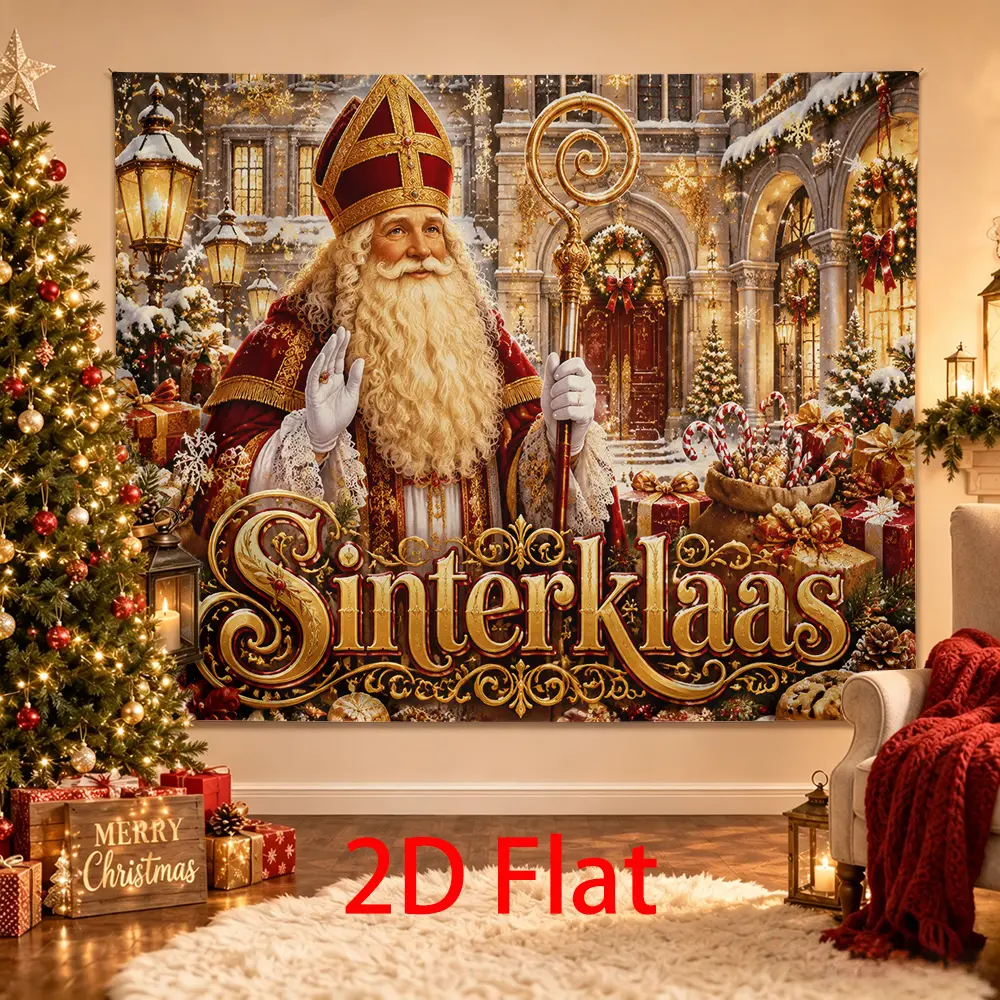 Sinterklaas Backdrop, Red Gold Saint Nicholas Winter Palace Photo Background with Gifts, Snowflakes and Candy Canes