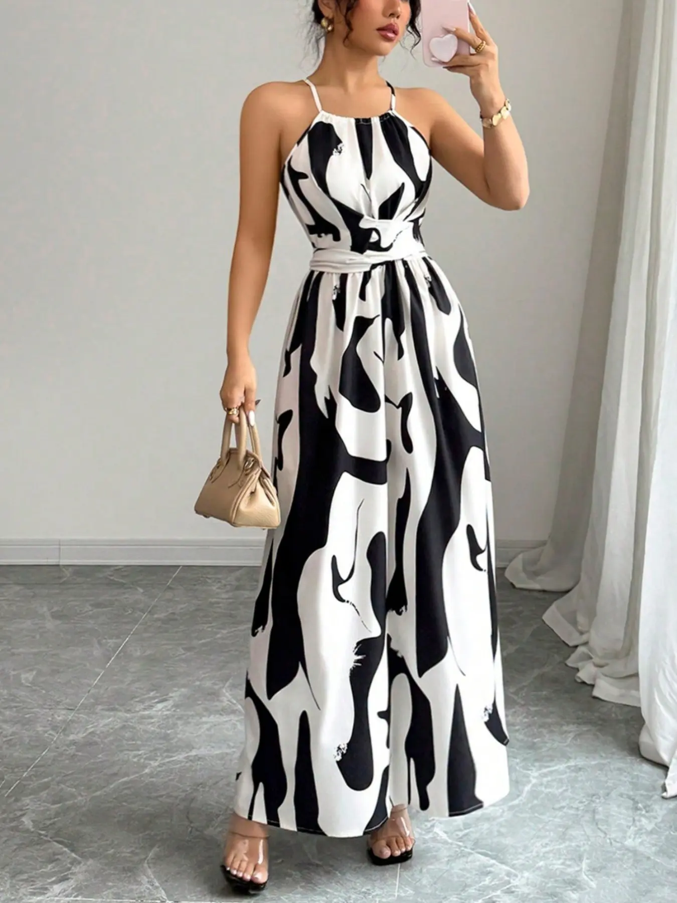 Abstract Ink Print Halter Backless Long Dress, Beach A-Line Maxi Skirt, Travel Date Afternoon Tea Light Formal Wear, Three Colors Available