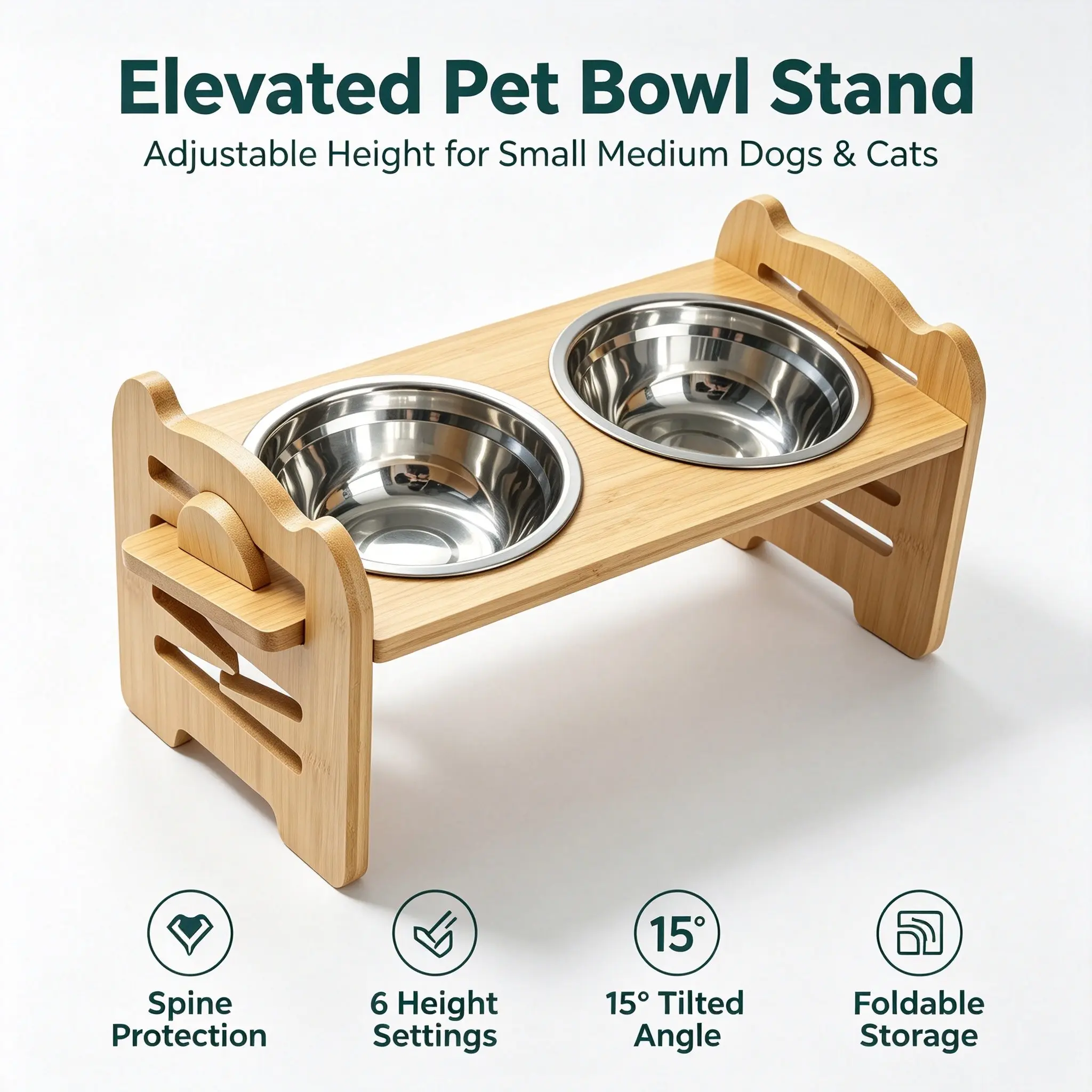 Adjustable Bamboo Elevated Pet Bowl Stand,15° Tilt Raised Feeder with Stainless Steel Bowls for **Small Medium Dogs Cats**, Foldable Non‑Slip Pet Food Water Bowl