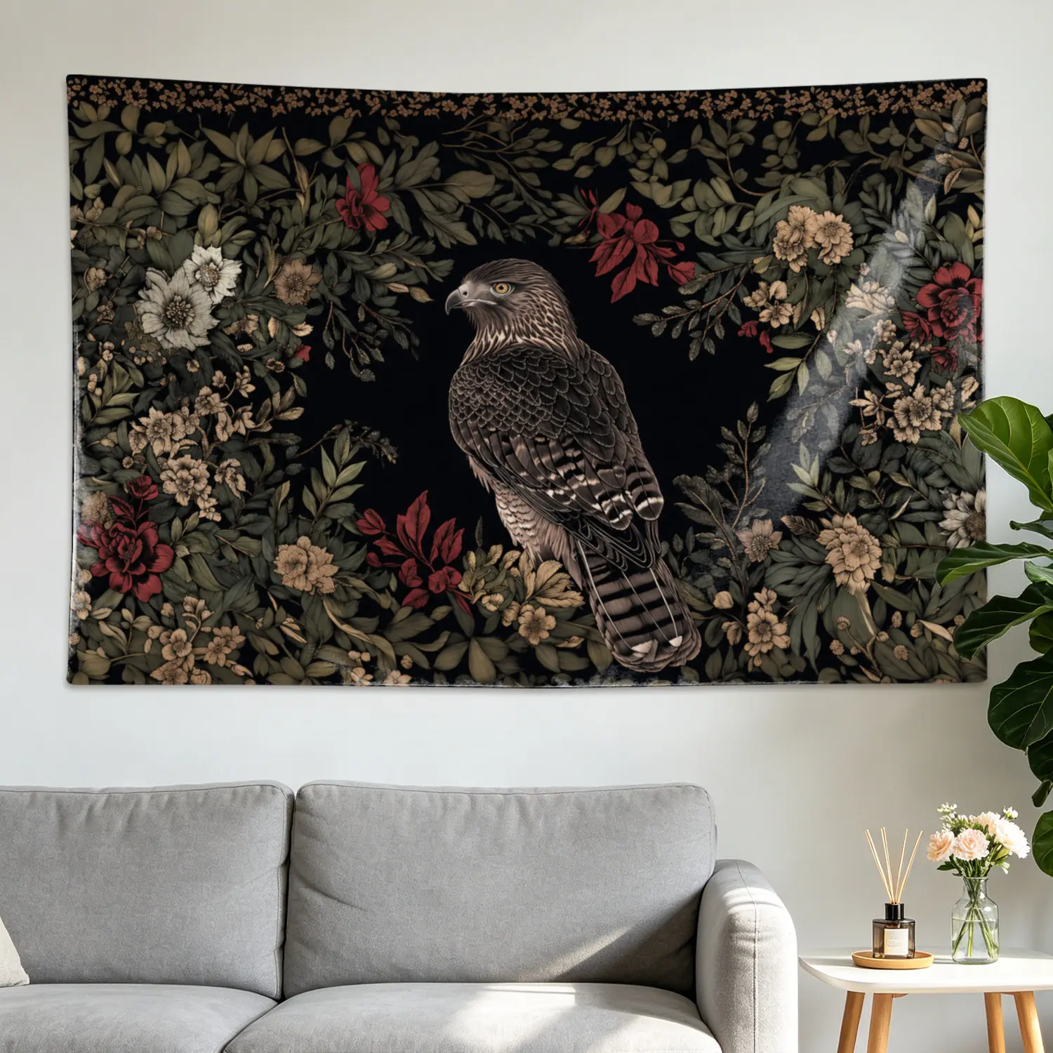 Vintage Hawk & Floral Bird Botanical Wall Tapestry - Large Printed Horizontal Polyester Artwork, No-Installation Hippie Chic Home Decor for Living Room,Dining Room, Gift Idea for Family