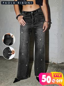 women's rhinestone decor pocket straight leg jeans, fashion casual button fly denim pants for daily outdoor wear, jean pants, rhinestone jeans, women bottoms for fall & winter, jeans for women, bell bottoms, womenswear