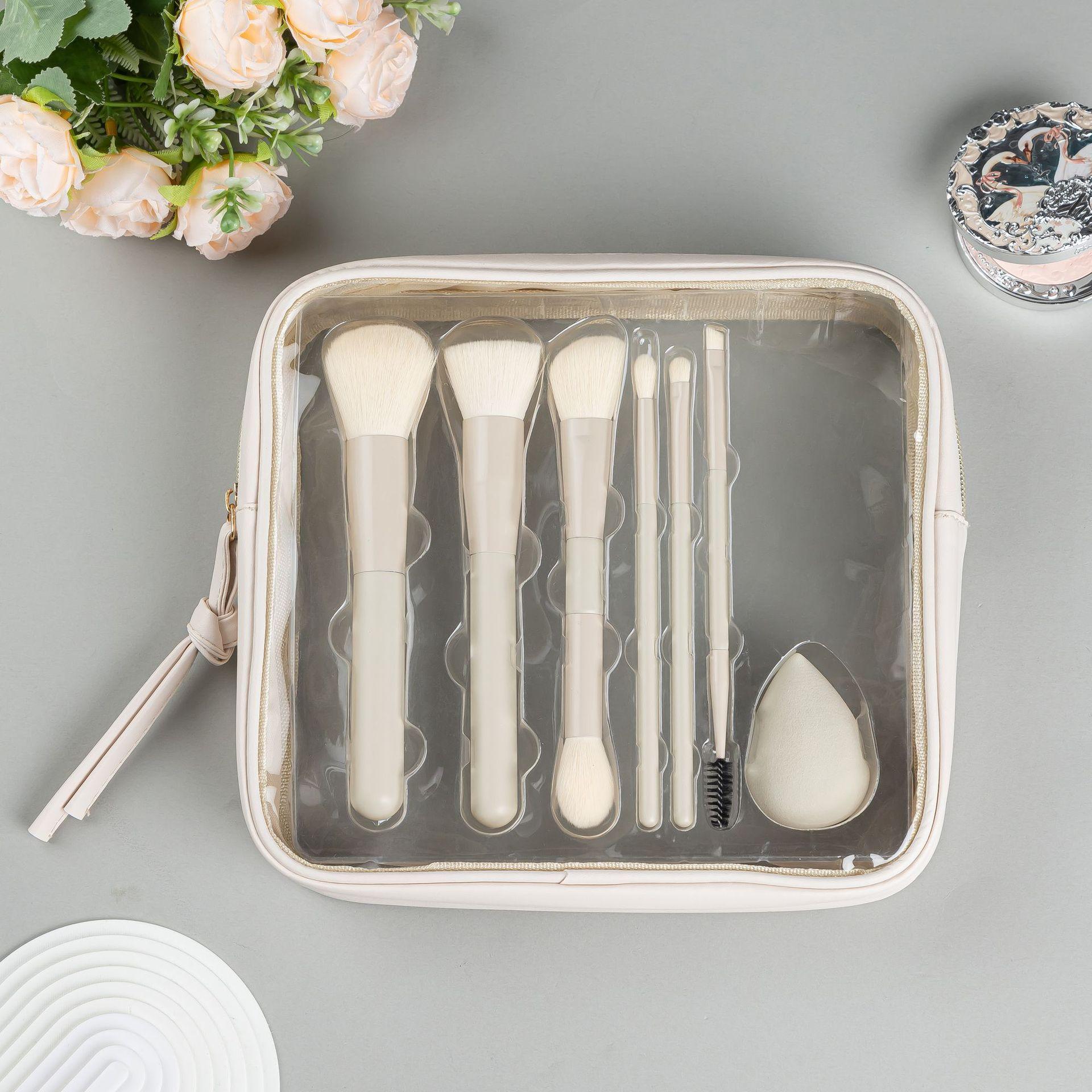 7Pcs Makeup Brush Set with Sponge & Bag, 6Pcs Nylon Brushes + Beauty Sponge, Full Face Makeup Tools