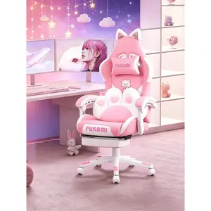 Kawaii Pink Ergonomic Gaming Desk Chair, Detachable Fluffy Cat Ears + Cat Paw Lumbar Cushion, Fully Reclining with Retractable Footrest, Trendy Halloween Room Decor for Teen Girls
