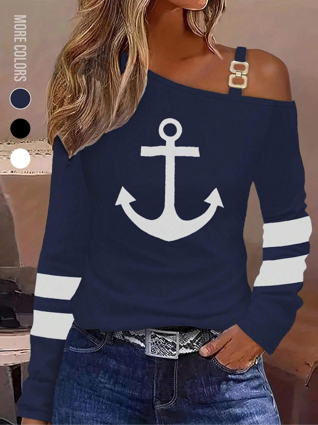 Women's Anchor Print Asymmetrical Neck Tee, Casual Long Sleeve Fitted T-shirt for Daily Wear, Ladies Clothes for All Seasons, Clothing, Top