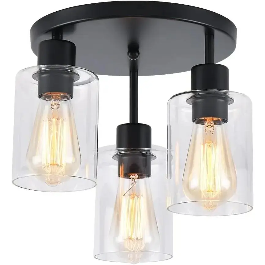 3-Light Industrial Farmhouse Black Matte Light Fixtures Ceiling Mount, with Clear Glass Shades Semi Flush Mount Ceiling Light, for Hallway Kitchen, Foyer