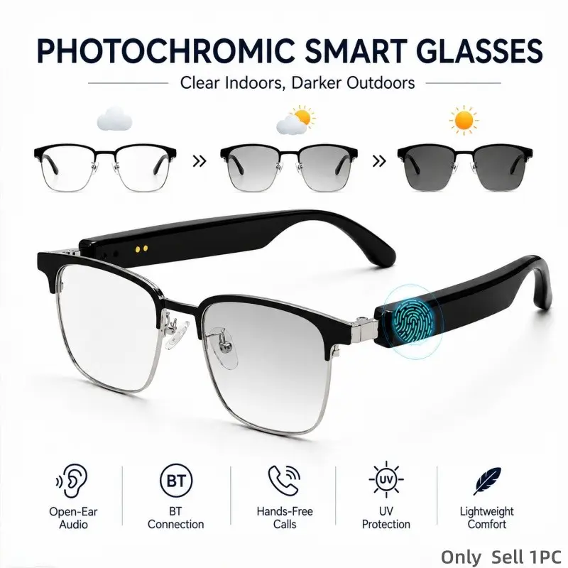 Photochromic Bluetooth Glasses, Smart Audio Glasses for Men Women with Open-Ear Speakers, Built in Mic, Touch Control, Voice Assistant and UV400 Protection