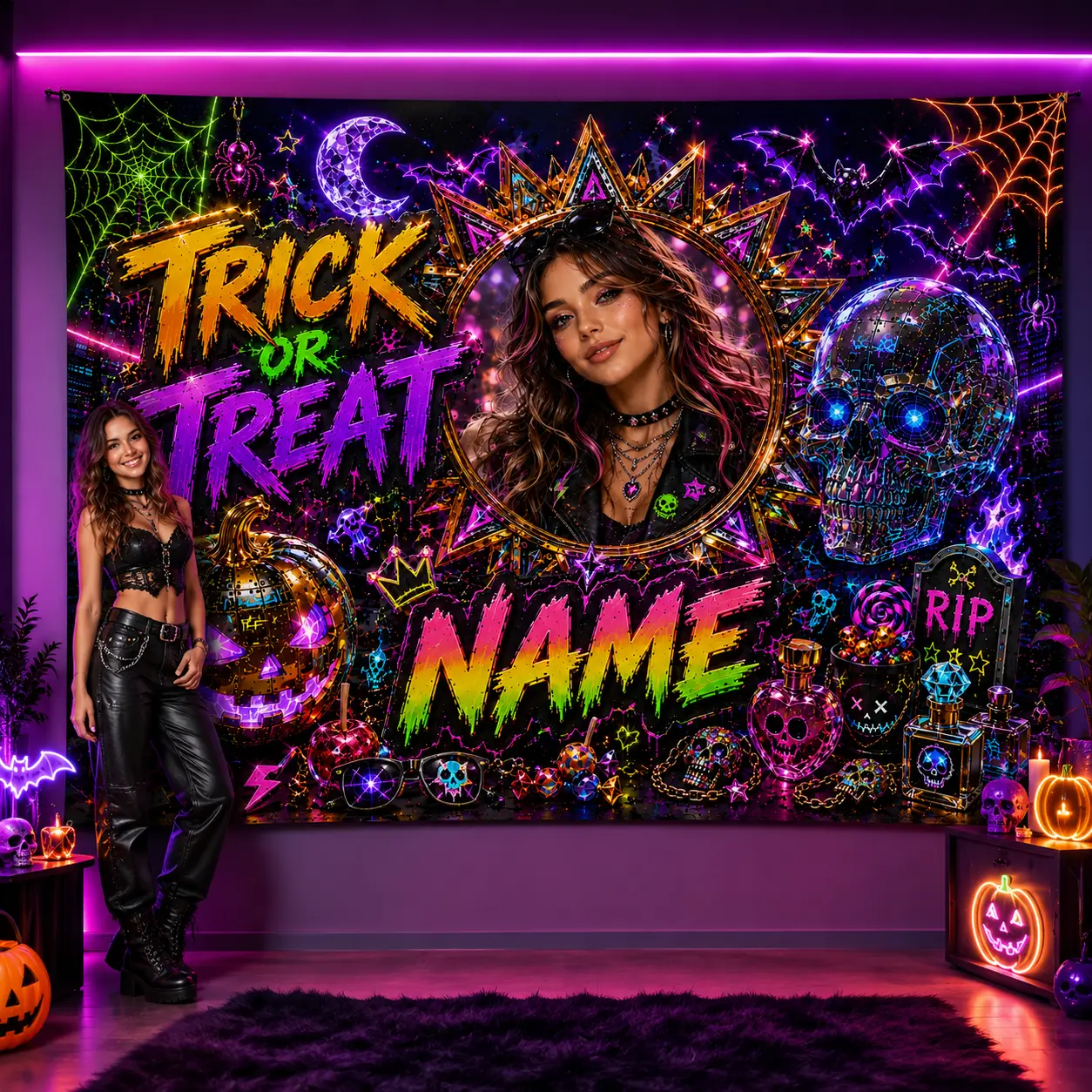 Personalized Neon Glam Halloween Backdrop Banners - Wall Decor with Custom Photo, Name, Colorful Pumpkin, Neon Skull, Bats, Candy for Party Use