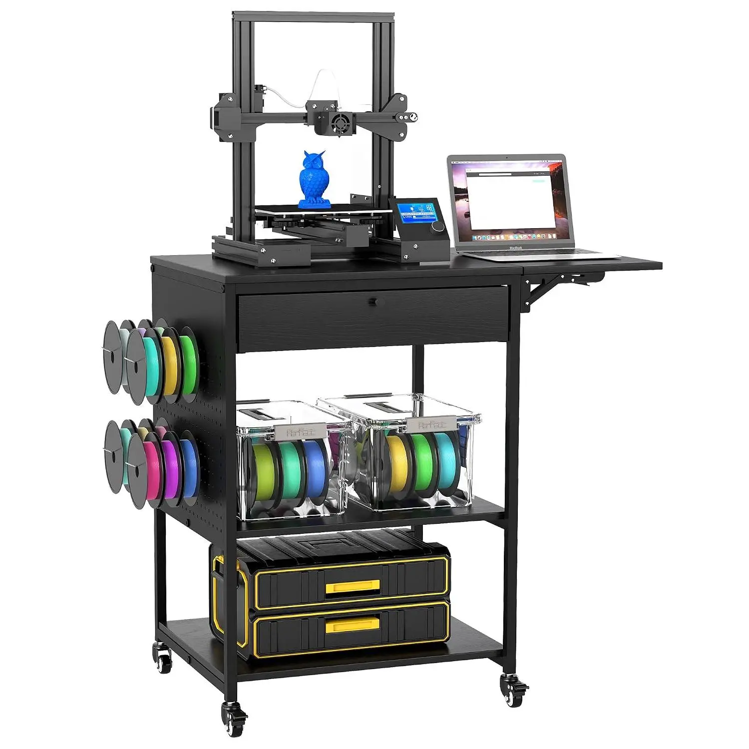 4 Tier  Printer Stand with Filament Storage & Lockable Wheels(Black) |  Printer Table with 1 Drawer, Rolling  Printer Cart with 4 Spool Hooks, Sturdy  Printer Desk for Studio,  Office