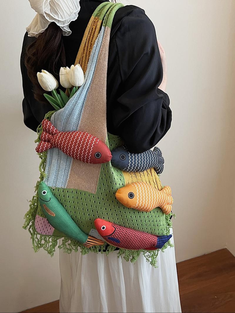 Stylish Rainbow Color Women's Knitted Bag with Colorful Fish Pattern, Versatile Shoulder Bag for Work, Shopping, Outings and Daily Use