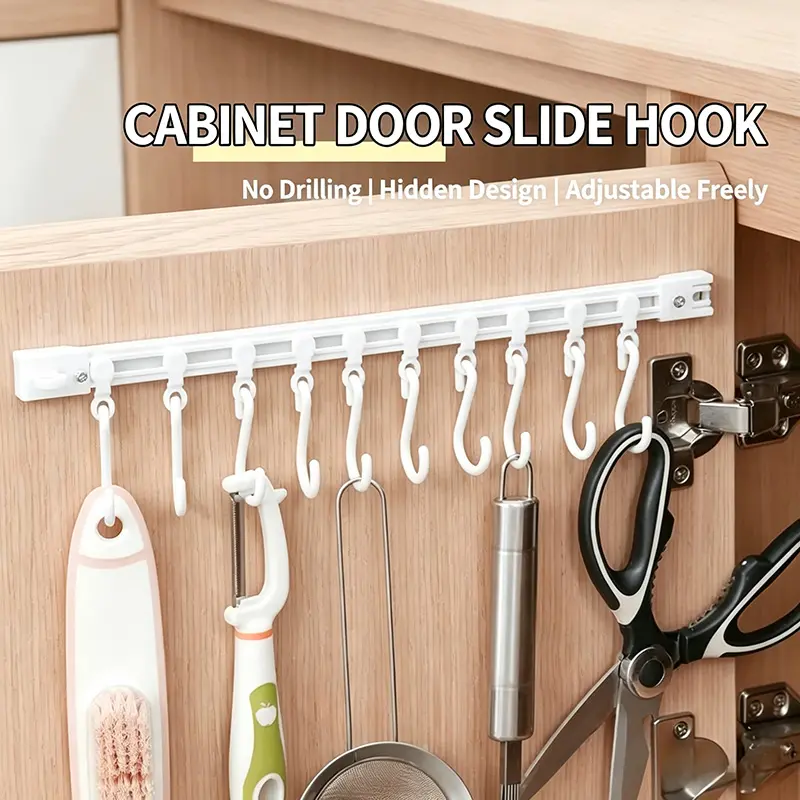 Multifunctional Slide Rail Hook, Adhesive Wall Hooks Rack, Kitchen Utensil Holder with 10 Hooks, Cupboard Hanging Storage Rack for Bathroom Kitchen Bedroom