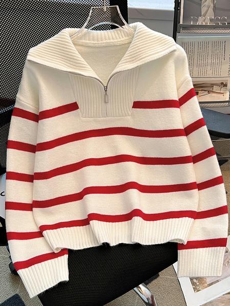 Women's Striped-Print Drop-Shoulder Sweater with Half-Zipper, Casual Long-Sleeve Collared Jumper for Daily Outdoor Wear, Knitwear for Fall & Winter, National Day Outfit