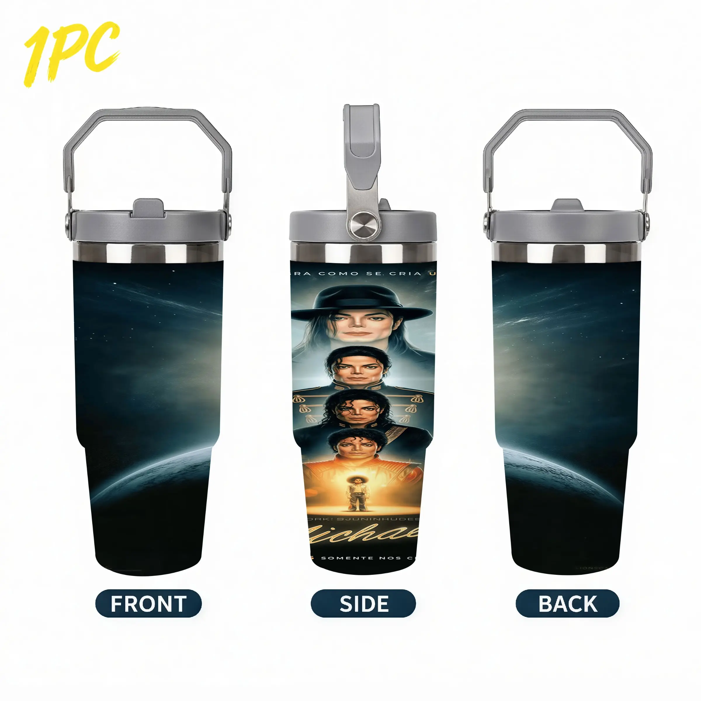 1pc 30oz 900ml 304 Stainless Steel Cosmic Pop‑Icon Insulated Tumbler, Michael Jackson Generational Portrait Space Galaxy Full Wrap Print for Music Fan Meetups & Outdoor Concert Tailgate Trips, Ideal For Birthday Gift‑giving
