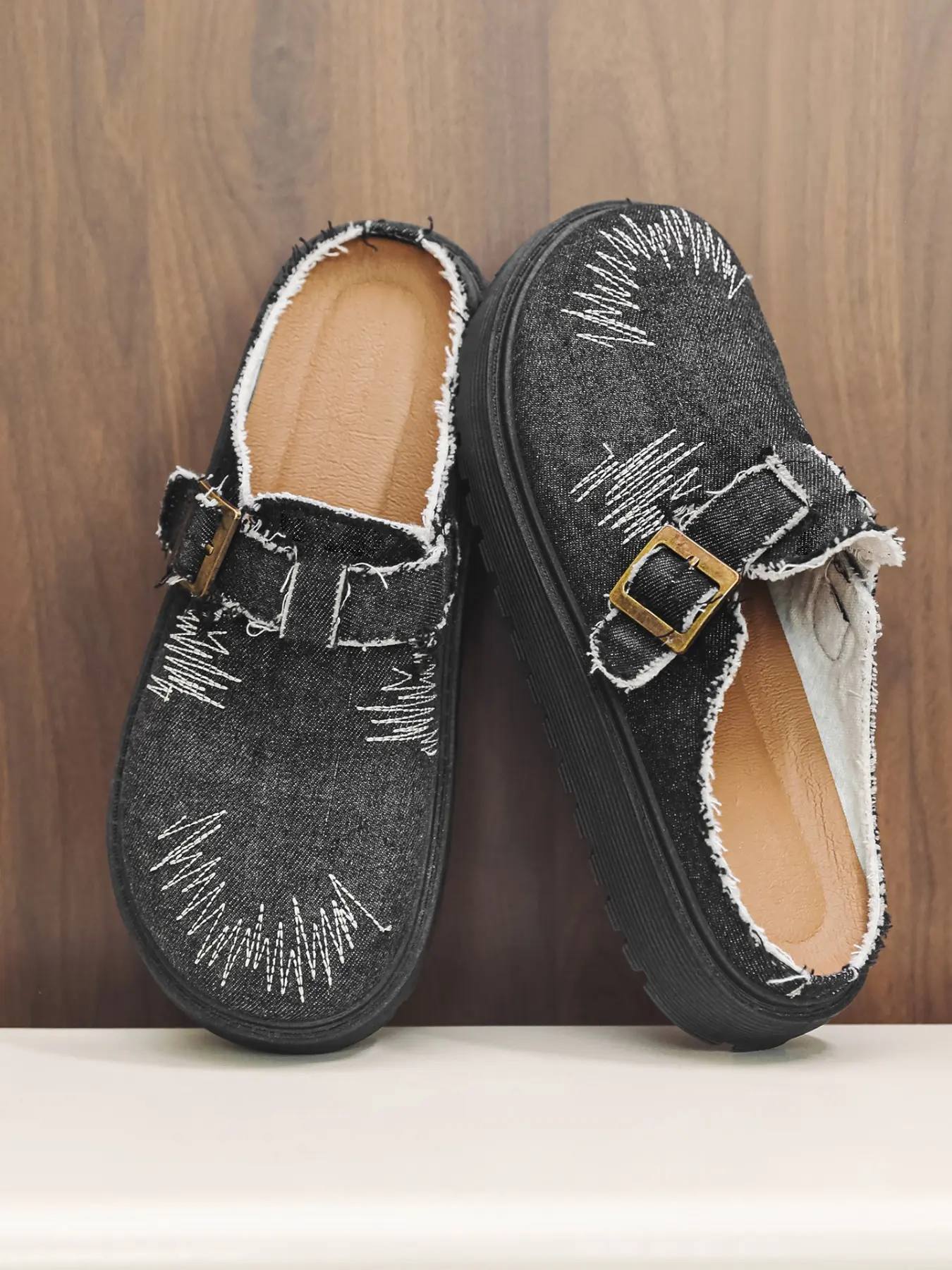 Men Black Washed Denim Vintage Clogs Mules White Sunburst Stitch Details Frayed Raw Edges Vintage Brass Buckle Strap Cushioned Tan Inner Lining Thick Textured Anti-Slip Sole Lazy Slip-On Half Slippers Street Daily Footwear