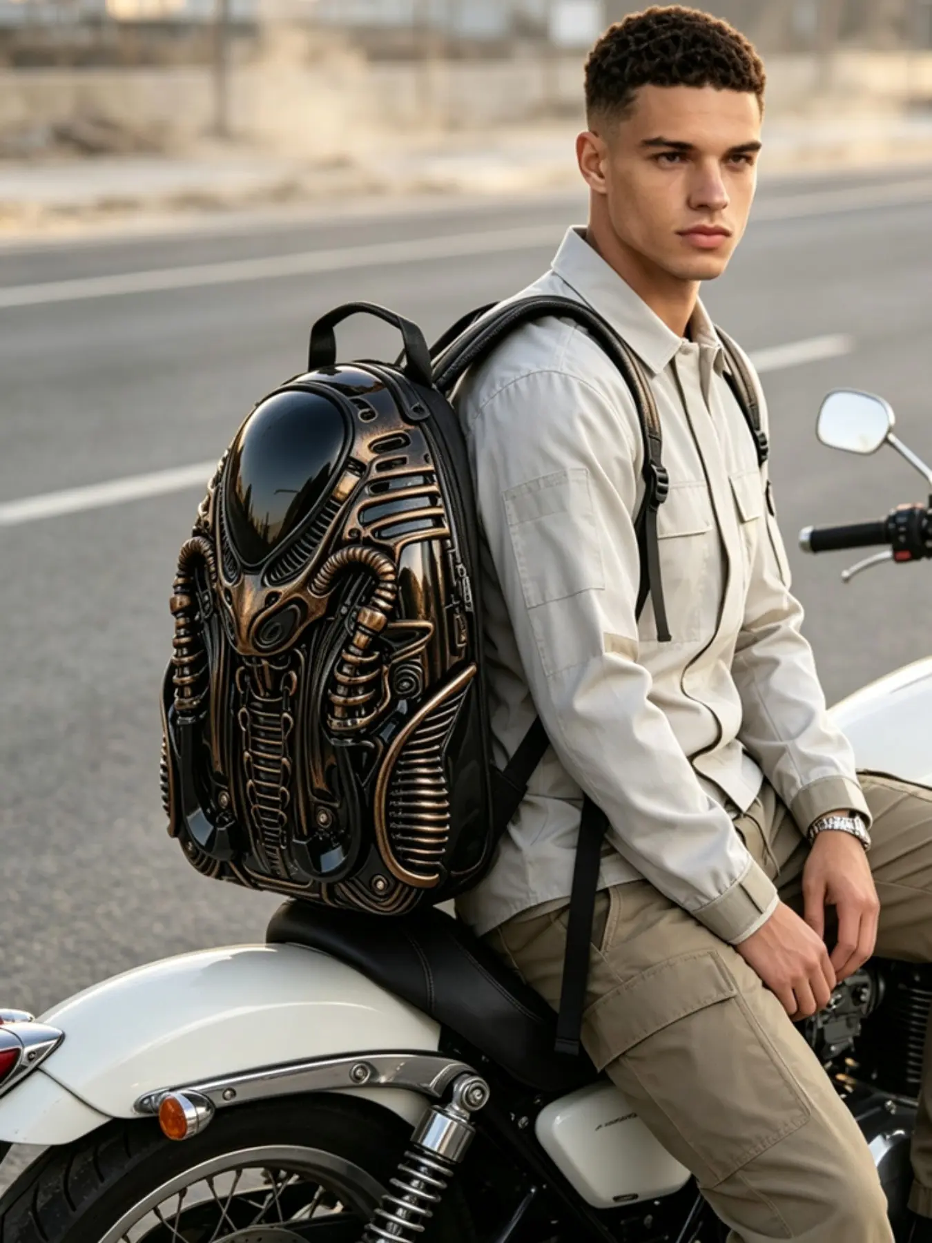 Dark Sci-Fi Halloween Backpack, Alien Warrior Monster Relief, Horror Punk Style, Acrylic Hard Shell, Y2K Fashion, Large Capacity