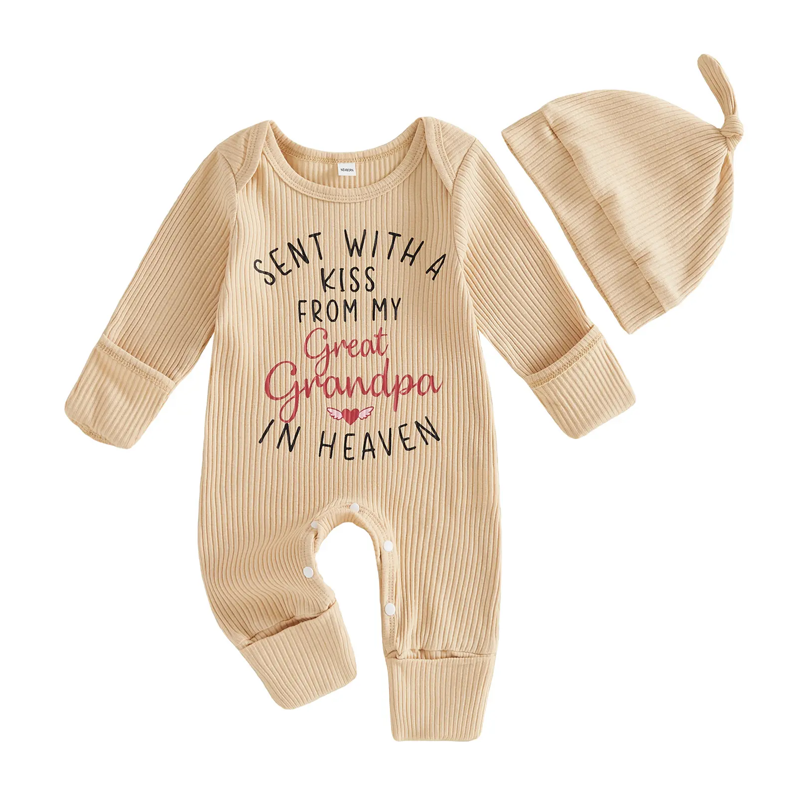 Sent With A Kiss From My Great Grandpa Grandma In Heaven Newborn Baby Boy Girl Long Sleeve Ribbed Romper Jumpsuit Coming Home Outfit with Hat