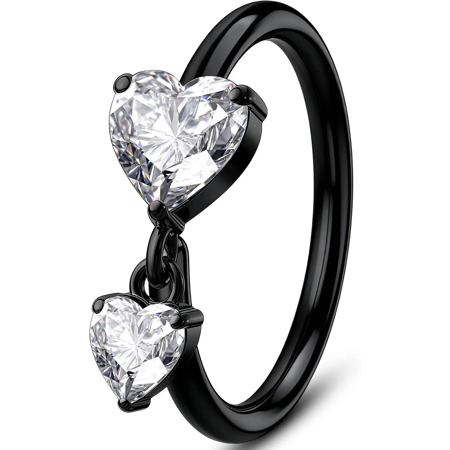 20G  Twist Nose Ring, 316L Stainless Steel Heart or  Zircon Nose Hoop, 8mm Black Nostril  with Dangle Charm, Helix Cartilage Daith Earring for Women