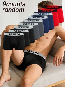 9 Pcs Men's Solid Color Briefs, Elastic Waistband with 'men' Letter, Soft Breathable Fabric, Stretchy Daily Wear Underwear