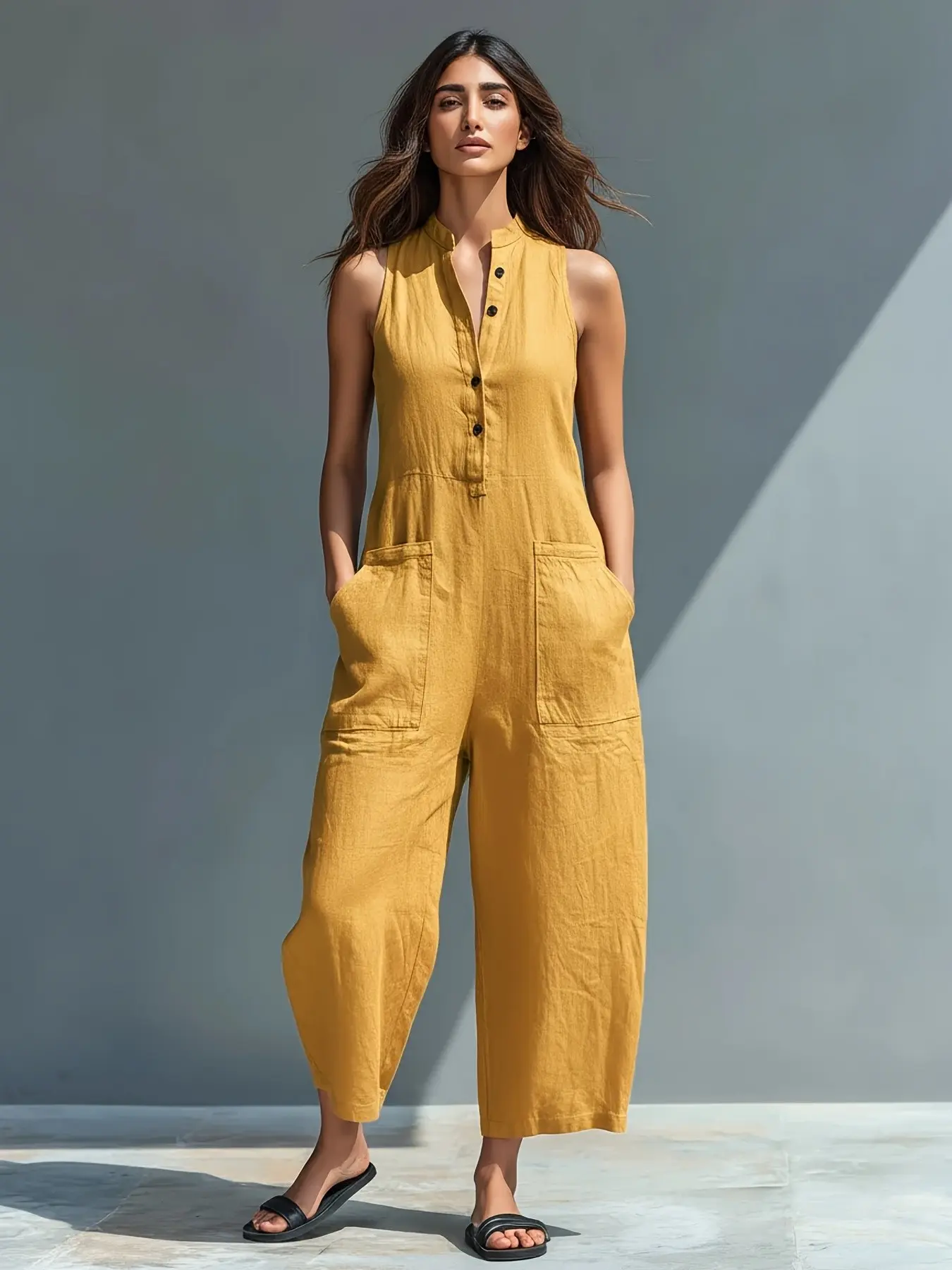 Women's Bohemian Boho Lazy Style Sleeveless Romper, Straight Leg Loose Fit, Summer Mixed Cotton Linen Lightweight, Stand Collar Pocket Design