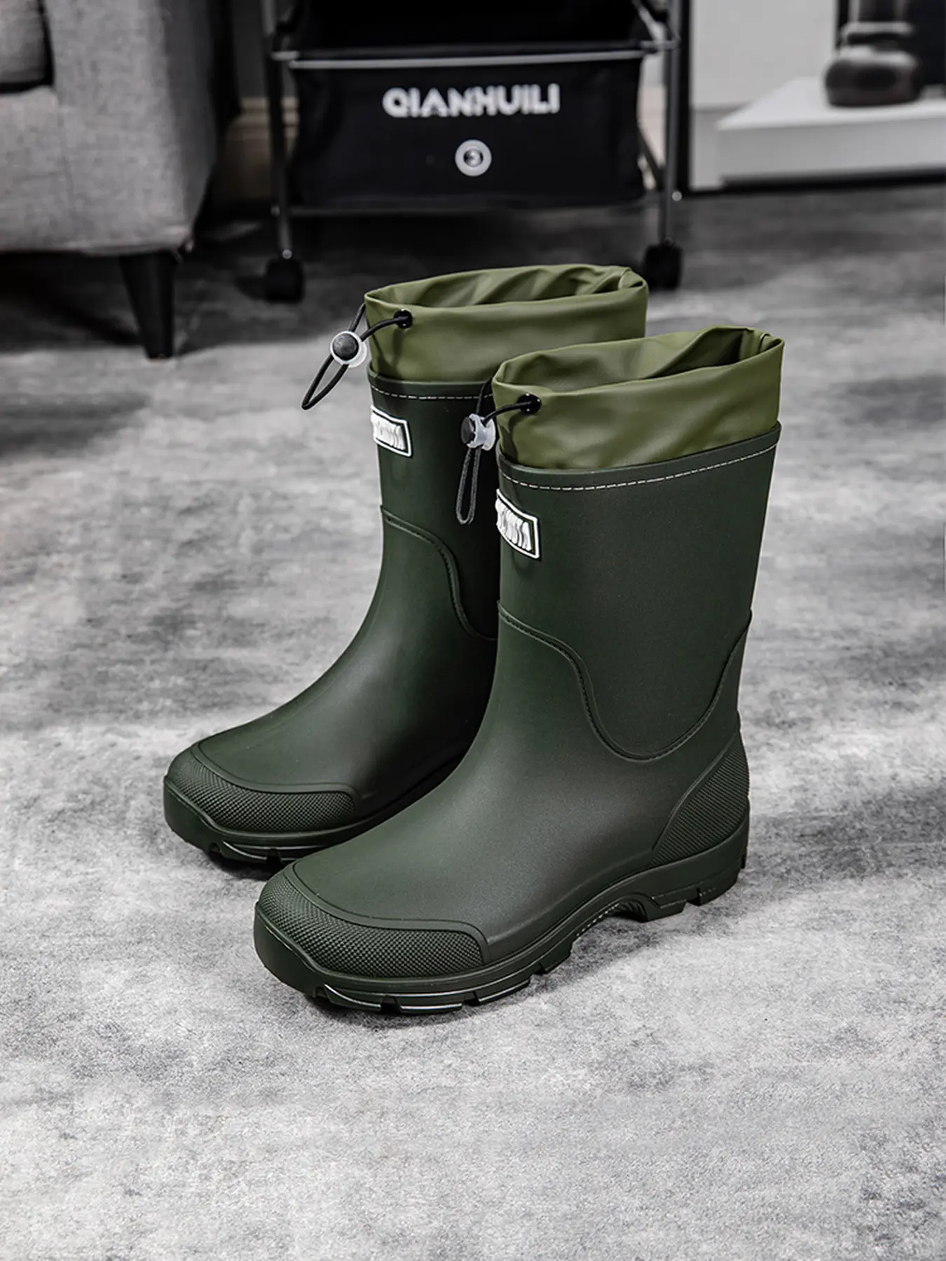 Waterproof Mid-Calf Rain Boots Non Slip Boots for Men Drawstring Closure Anti-Slip Wear-Resistant Sole Durable PVC Wellies for Outdoor Working Farming Rainy Commute