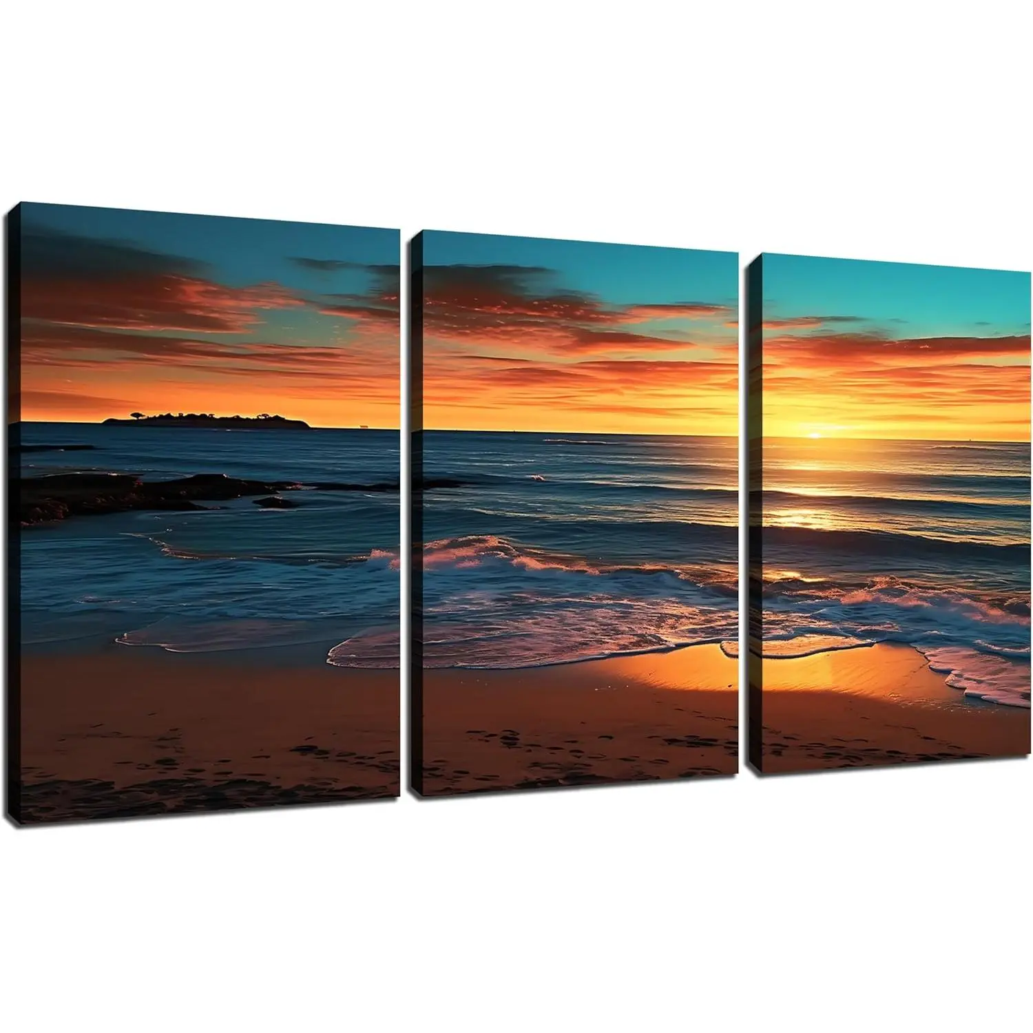 Beach Canvas Wall Art Sunset Ocean Tropical Picture Poster for Kids Room Living Room Bedroom Modern Home Decorations Stretched and Framed Seascape Painting Artwork