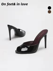 Summer Women's All Sizes 2 Colors Glossy Patent Leather Peep Toe Stiletto Mule Heels, Slip-On Open Toe Heeled Sandals, Elegant Office Date Night Party Summer Vacation Daily Shoes