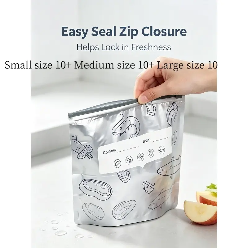 Reusable Aluminum Foil Food Storage Bags, 3 Sizes S/M/L Airtight Zipper Freezer Bags with Write-On Label, Odor-Proof Refrigerator Organizer Pouches for Meat Seafood Vegetables Snacks, Leakproof Reusable Kitchen Food Storage Bags