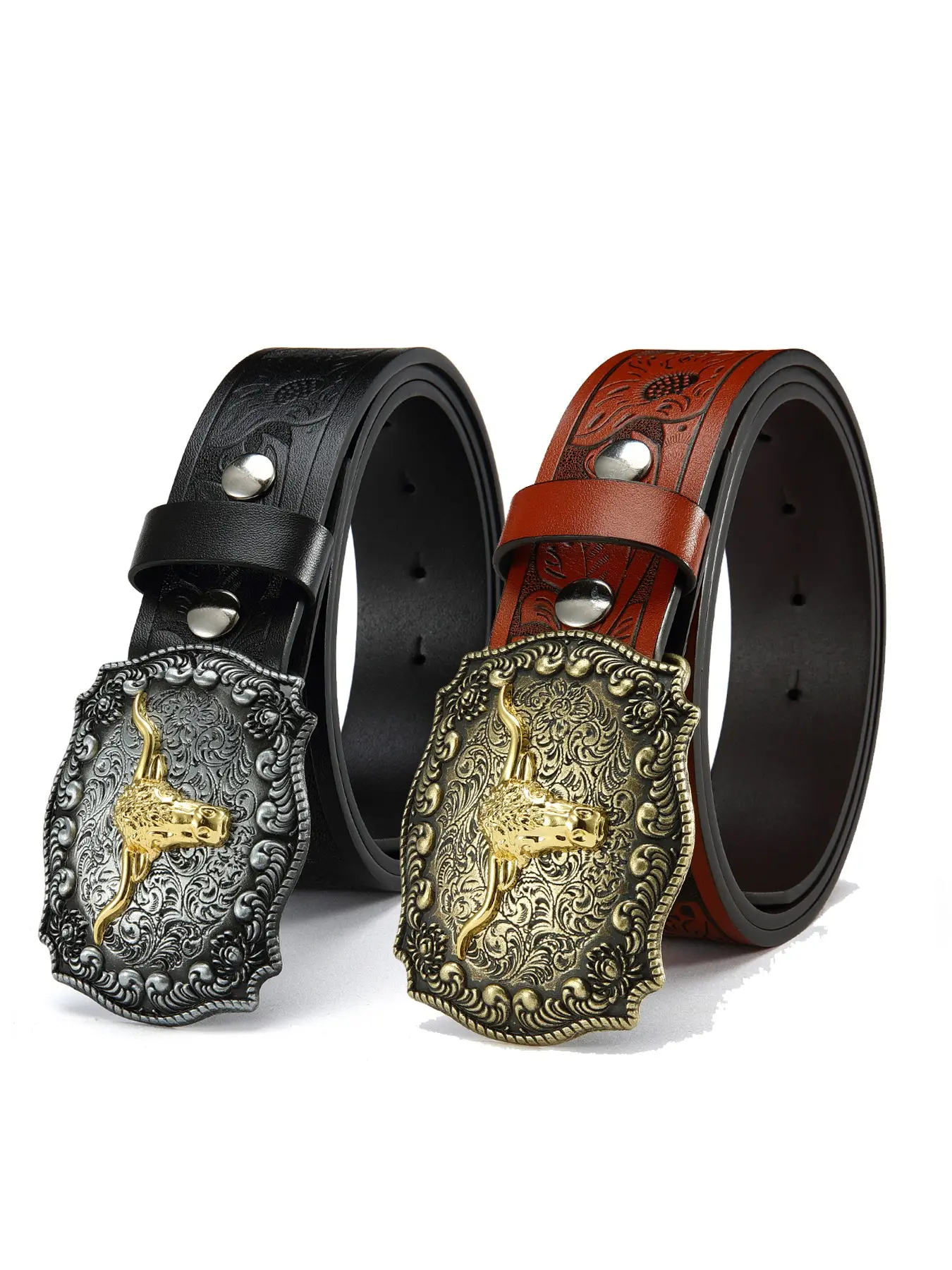 Men's Vintage Western Cowboy Belt, Belt With Buckle, PU Leather, Bull Horn Buckle, Embossed Design, Perfect for Jeans, Ideal Gift for Holidays, Decorative Belt