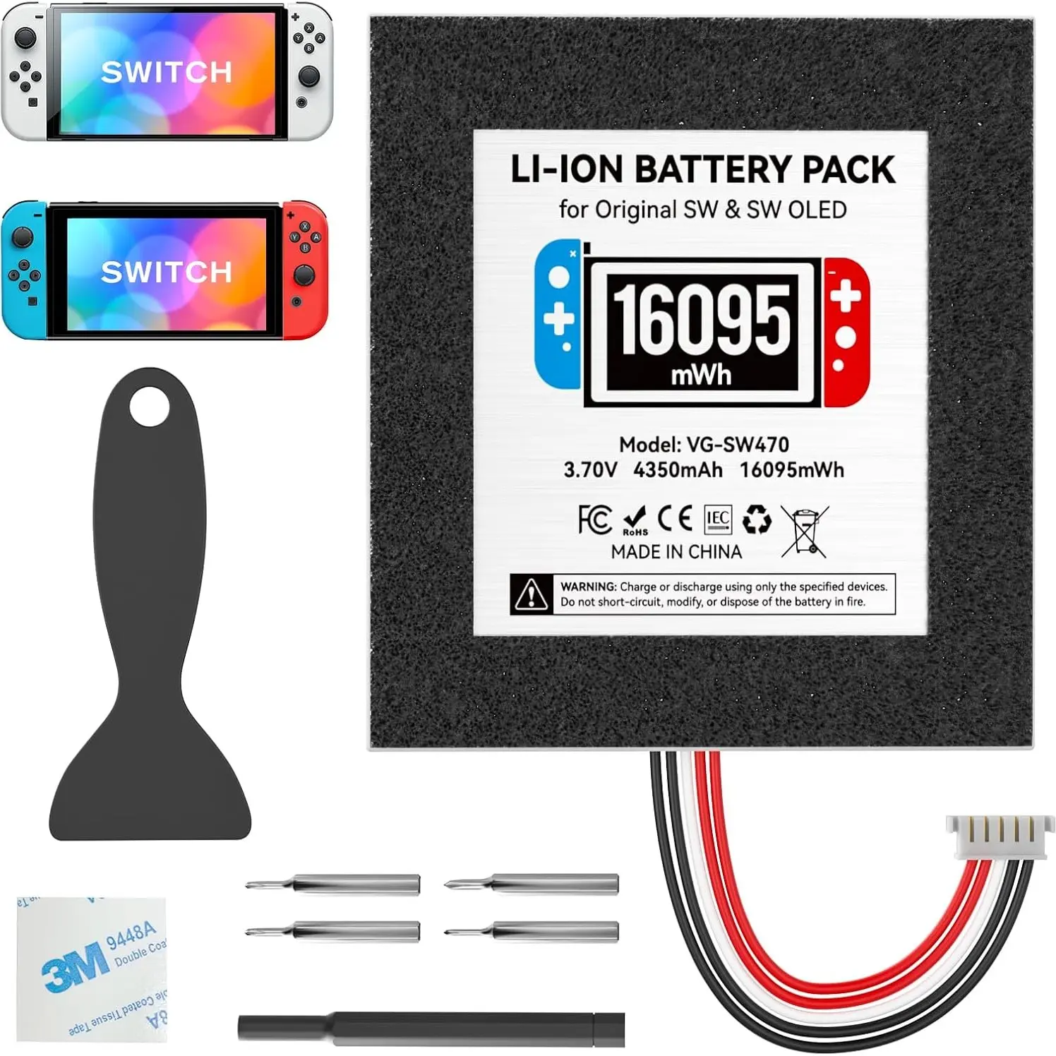 Switch Battery Replacement Kit, Compatible with Nintendo Switch Hac-001 & Oled Heg-001, 16095mah High Capacity, Includes Repair Tools