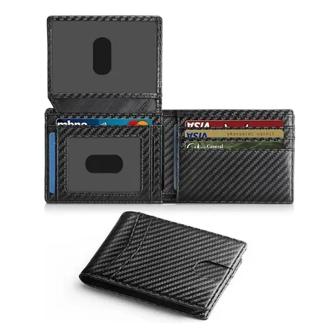 Men's Carbon Fiber Accent RFID Secure Bifold Leather Wallet - Ultra Thin Bifold Cardholder, Multi-Card Slots, ID Window, Cute Everyday Casual Business Accessory, Ideal Birthday Gift for Him