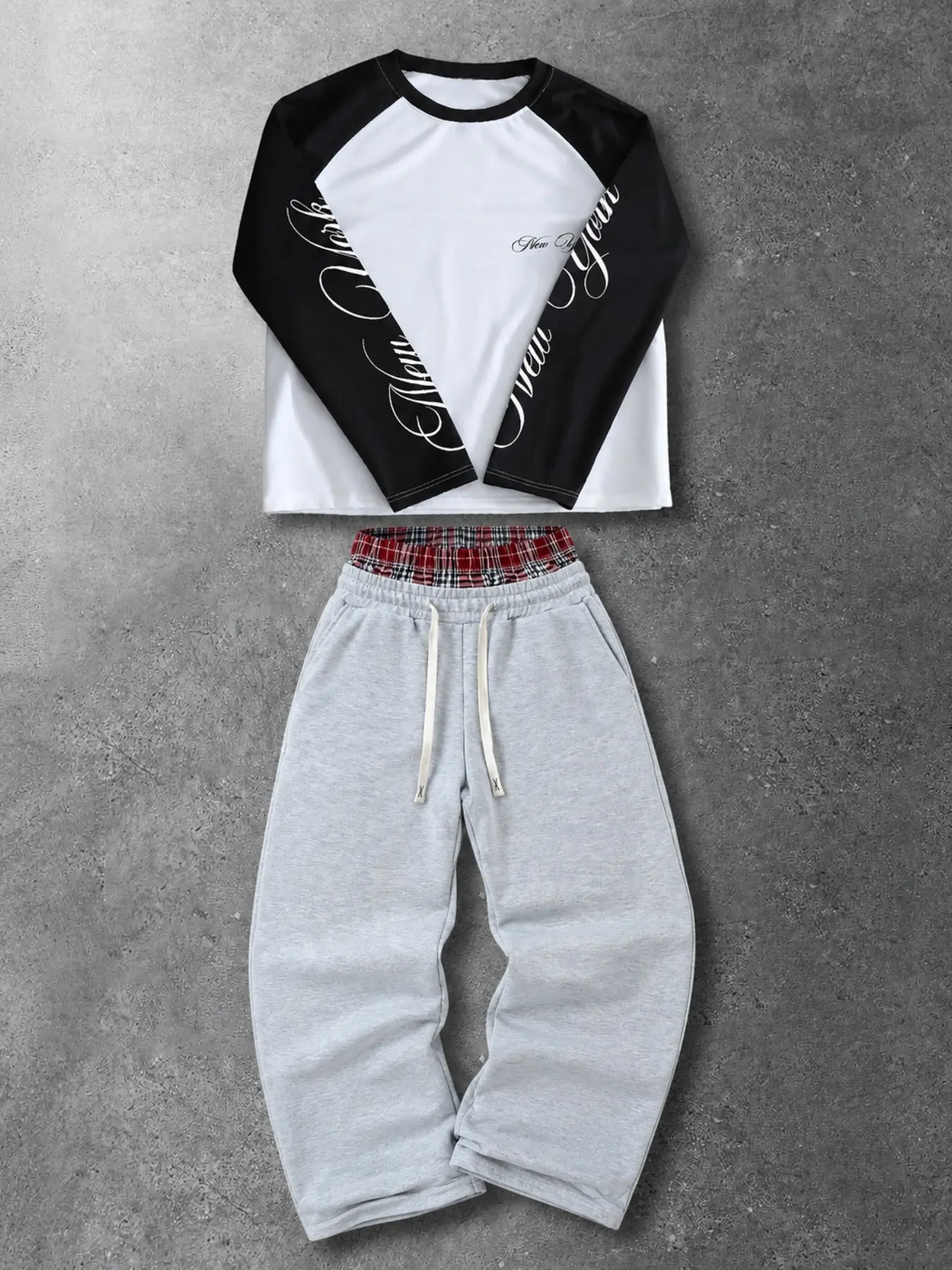 Viral Y2K Streetwear Two Piece Matching Set Spliced Raglan Long Sleeve Crew Neck Top With Chest Mini Graphic & Sleeve Script Print Soft Quick Dry Anti-Pilling Easy Care Athleisure Tracksuit Drawstring Waist Pants For Weekend Shopping Gym Workout Road Trip