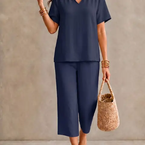 Women's V-Neck Short Sleeve Shirt Set, Two Pieces Outfits, Wide Leg Pants with Elastic Waist, Solid Color Casual Minimalist Basic Comfortable, Ideal for Daily Wear