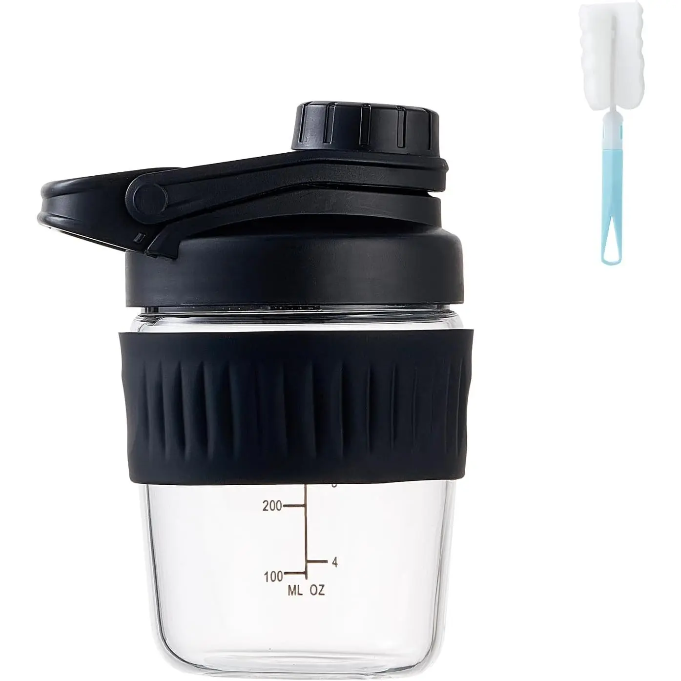 12oz Leak-Proof Borosilicate Glass Protein Shaker Bottle with 304 Blending Ball, Small Portable Shaker Cup for Protein Powder Mixing, Black