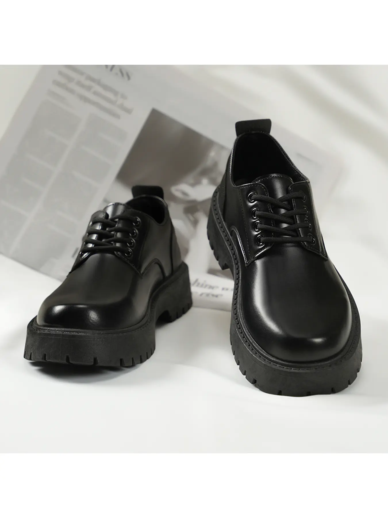 Men's Black Chunky Platform Derby Shoes, Lace Up Round Toe Leather Dress Shoes, Height Increasing Non Slip Casual Formal Shoes