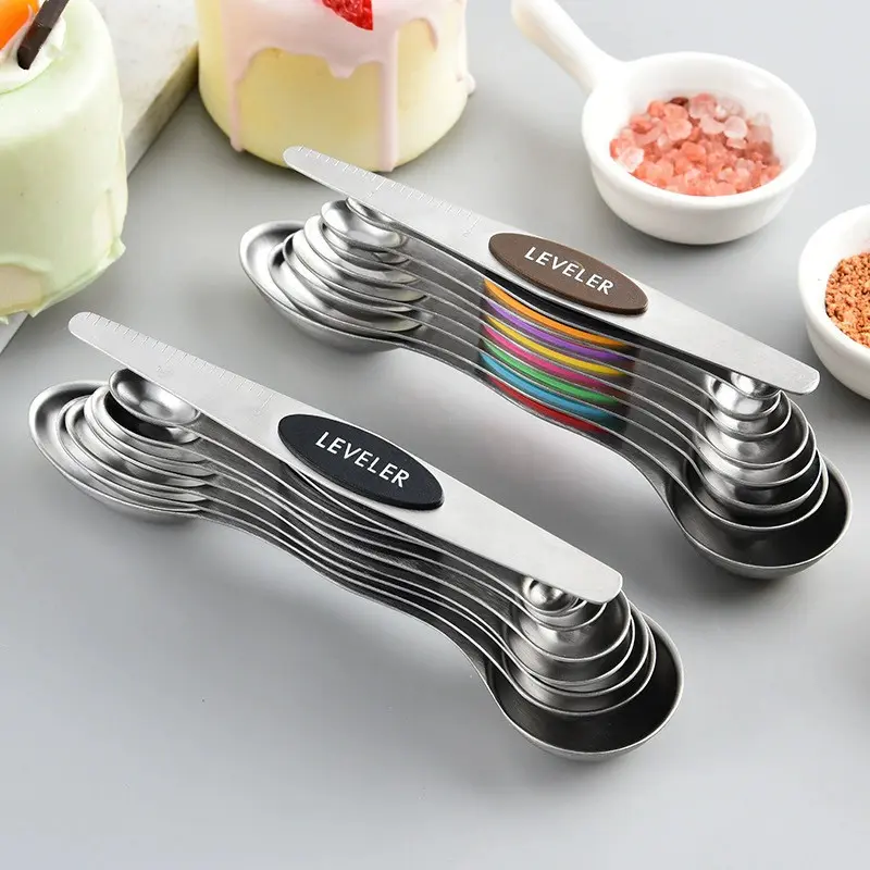 Magnetic Measuring Spoon Set 9 Piece, Stainless Steel Nested Teaspoons and Spoons, Kitchen Tools for Dry and Liquid Ingredients, Metal Measuring Spoons