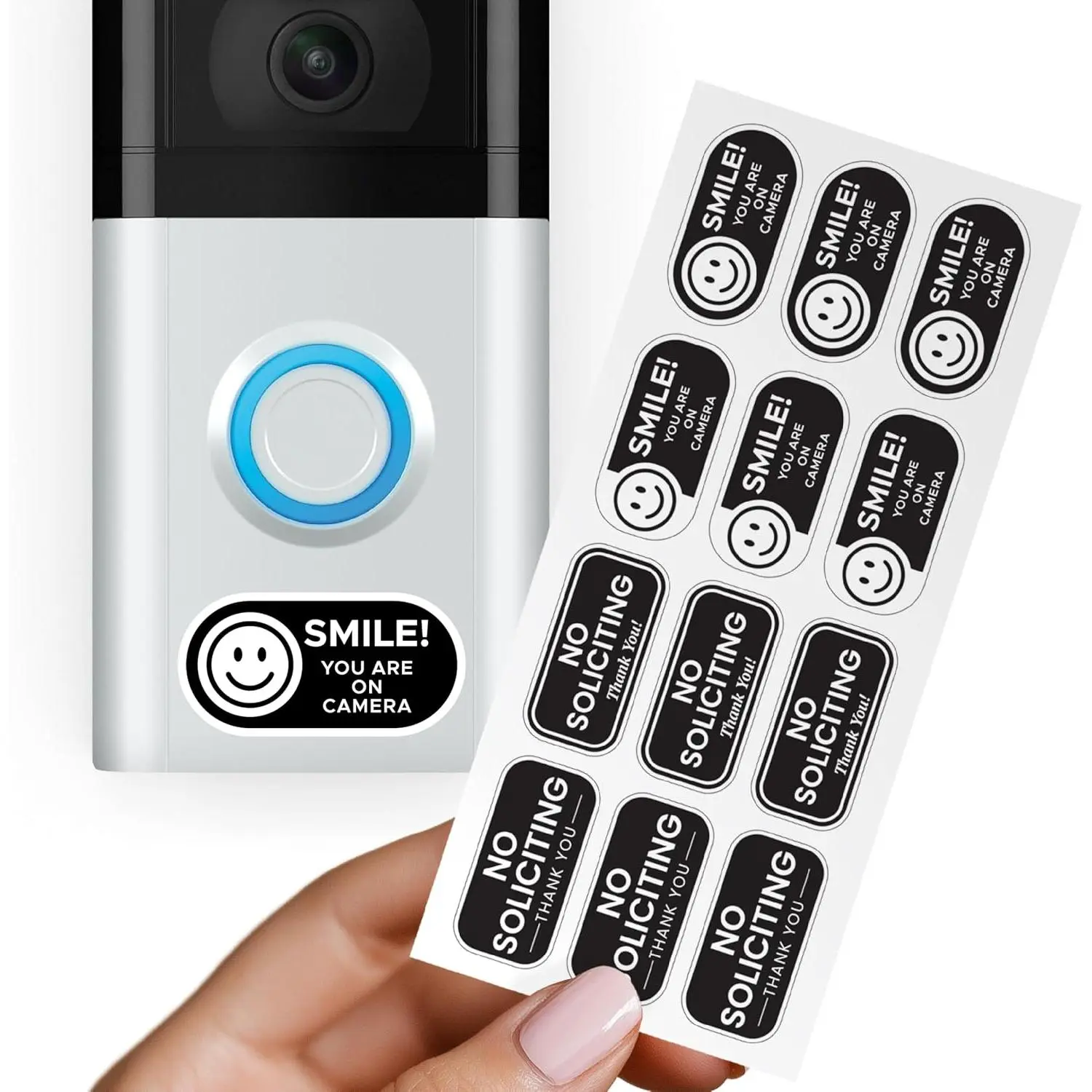 No Soliciting Doorbell Stickers - 12 Stickers of 4 Different Designs - No Soliciting Thank You or Smile You Are  Camera -  for Video Doorbells.