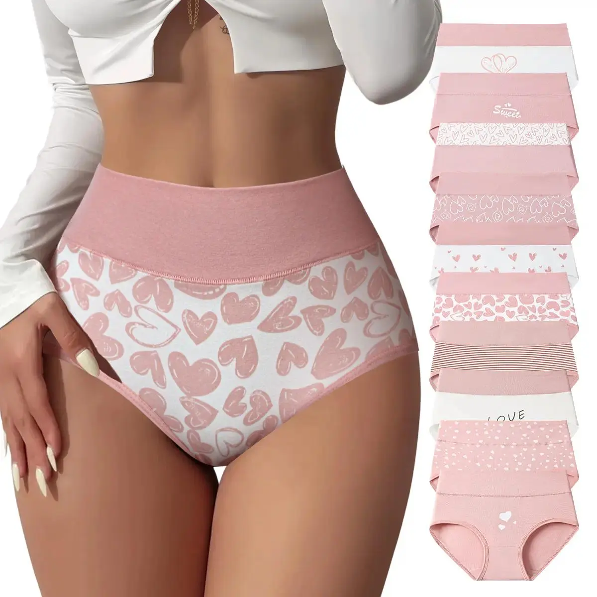 10Pcs Womens High Waisted Underwear Comfy Cotton Briefs Heart Print Panties Breathable Soft Seamless Multipack Underpants For Casual Daily Wear