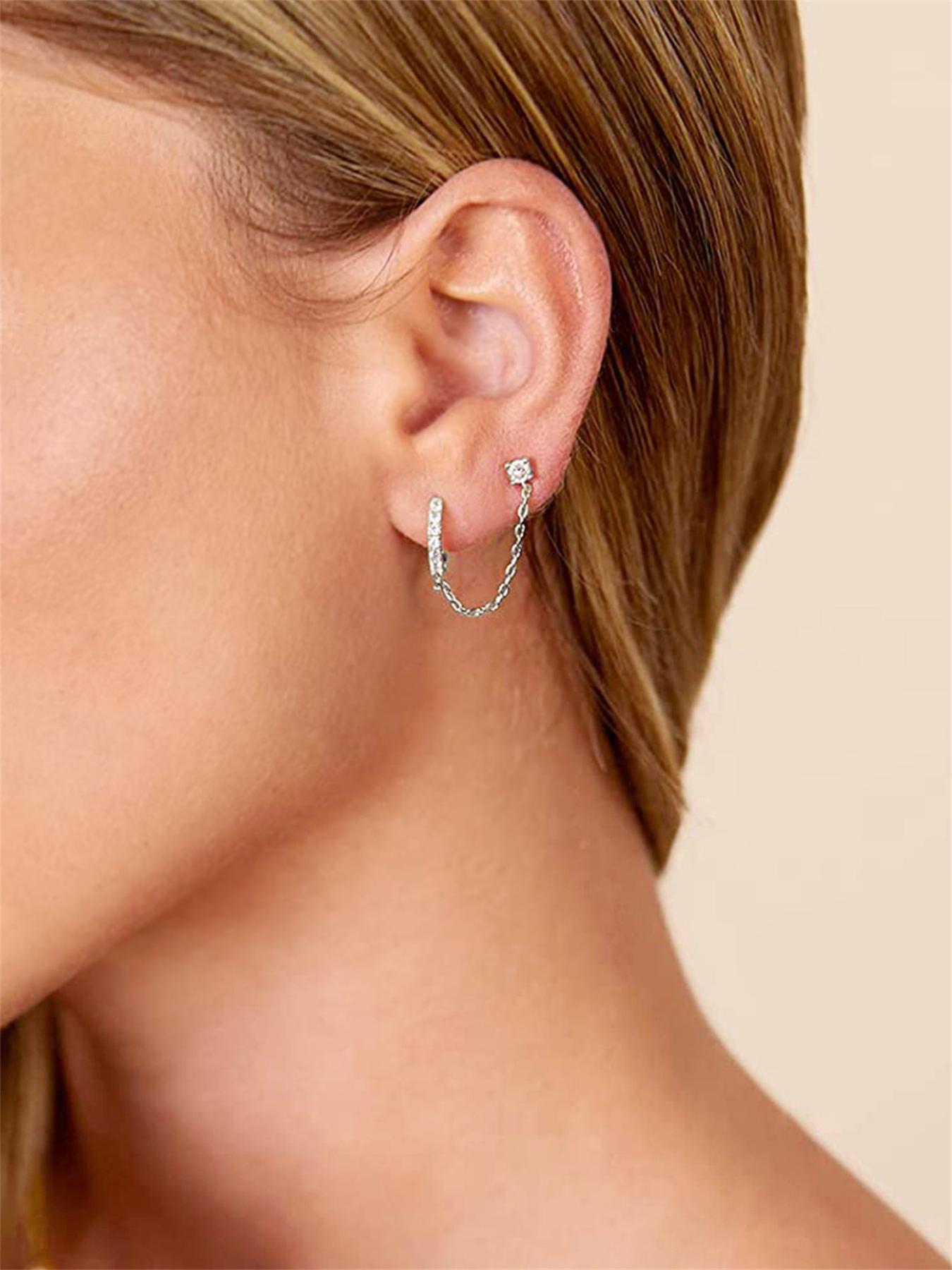 1pc Elegant Rhinestone Zirconite Decorated Hoop Dangle Earrings, High Quality Earrings, Trendy Chain Design Stud Earrings, Fashionable Jewelry for Women for Anniversary, Engagement, Wedding