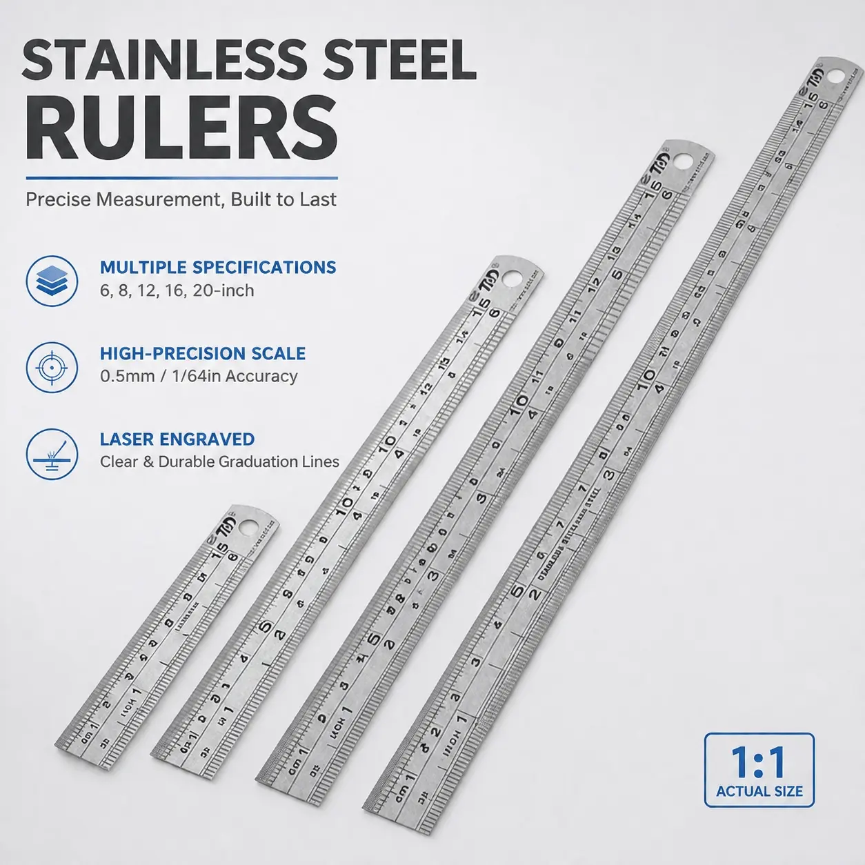 Stainless Steel Non-Slip Ruler with Dual-Sided Scale, Precision Machinist & Architectural Drafting Tool for Engineering, DIY Models, Rust-Resistant Metal Measuring Ruler for Design & Crafting