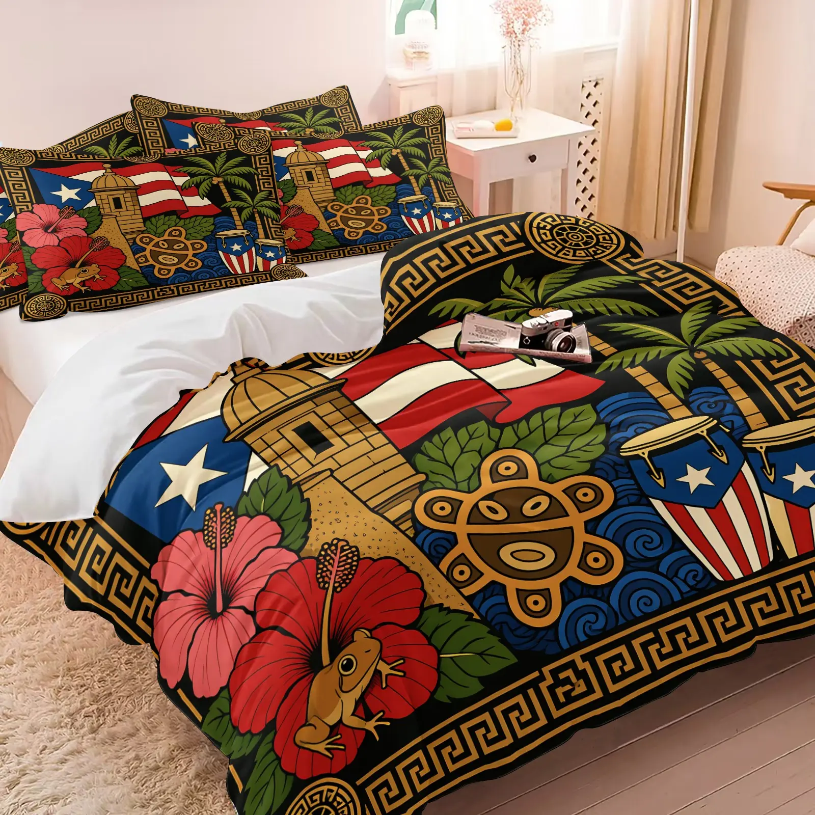 Puerto Rican Ethnic Art Duvet Cover Set, 1 Duvet & 1-2 Coreless Pillowcases, Flag Clock Tower Palm Tree Hibiscus Pattern, Soft Breathable Bedding, For Tropical Vacation & Artistic Style Bedroom Decor
