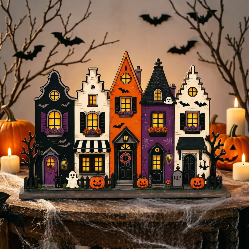 Vintage Haunted Town Wooden House Desktop Decor, Bat Ghost Pumpkin Tombstone Halloween Display, Rustic Farmhouse Fireplace Ornament, Decorative Figurines
