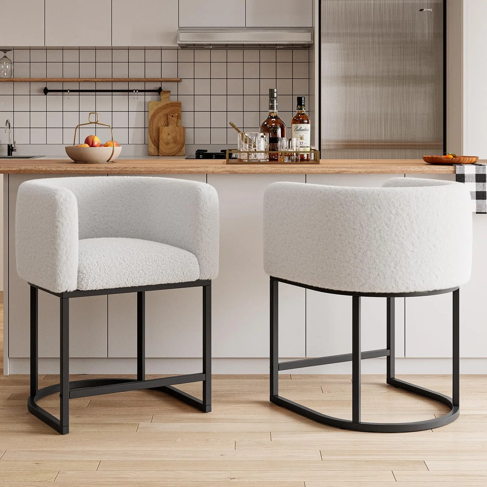 Bar Stools Set of 2 with Lambswool Cushioned Seats – Modern Upholstered Counter Height Bar Stools with Backrest & Arms, Black Metal Frames for Kitchen Island, Bar & Dining Room