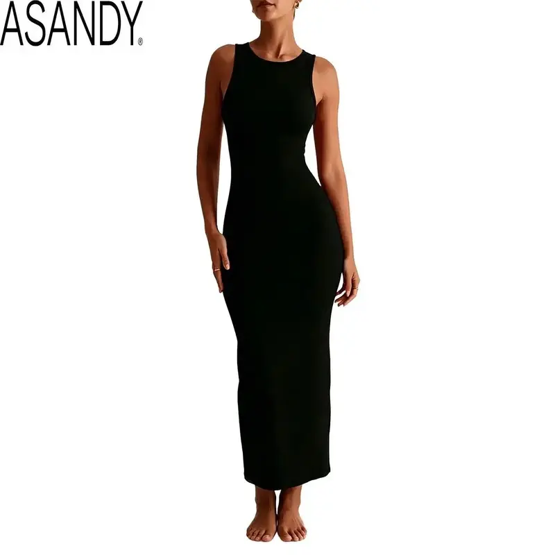 Women's Sleeveless Ribbed Maxi Dress - Basic Lightweight Bodycon Fit for Comfortable All Day Casual Wear, Fabric, Slim