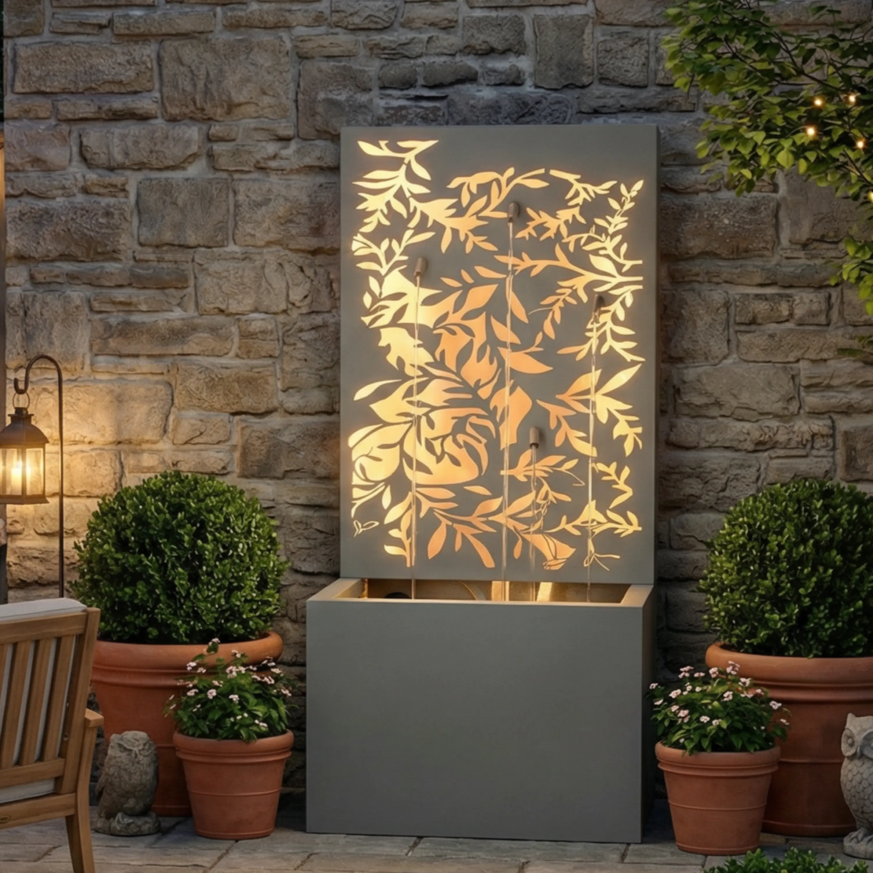 Nokaa 30.71-Inch Light Gray Metal Outdoor Water Wall Fountain with LED Lights, Leaf Cutout Design, Modern Waterfall Feature for Patio, Garden, Backyard, Self-Contained Pump, Easy Setup, Soothing Sound