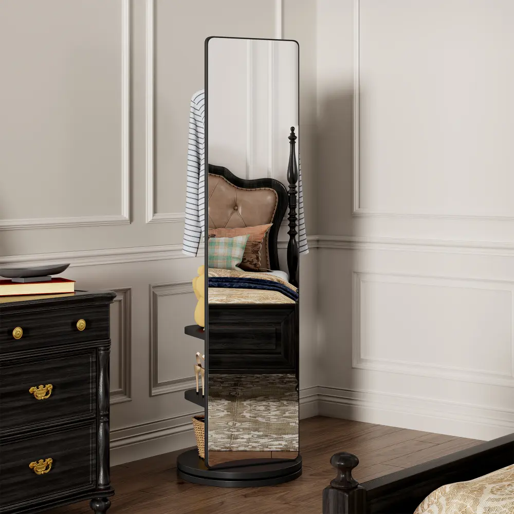 Littleox 360° Rotating 66"x17.8" Multifunctional Full Length Mirror with Hook Storage Rack Coat Rack with Mirror Solid Wood Floor Mirror Bedroom Living Room Cloakroom Space Saving(black)